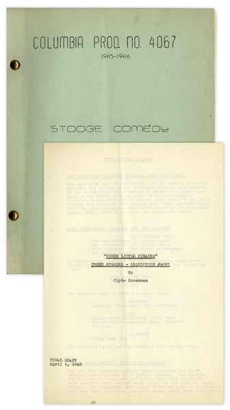 Moe Howard's 32pp. Script Dated April 1946 for The Three Stooges Film ''Three Little Pirates'' -- Includes Call Sheet Wtih Writing in Moe's Hand on Verso -- Very Good Plus Condition